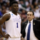 Zion Williamson #1 and head coach Mike Krzyzewski of the Duke Blue Devils talk against the Virginia Tech Hokies during the first half in the East Regional game of the 2019 NCAA Men’s Basketball Tournament at Capital One Arena on March 29, 2019 in Washington, DC.